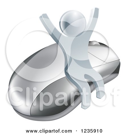 Clipart of a 3d Silver Man Cheering and Sitting on a Computer Mouse - Royalty Free Vector Illustration by AtStockIllustration