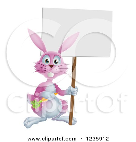 Clipart of a Happy Pink Bunny Rabbit Holding a Carrot and Blank Sign - Royalty Free Vector Illustration by AtStockIllustration