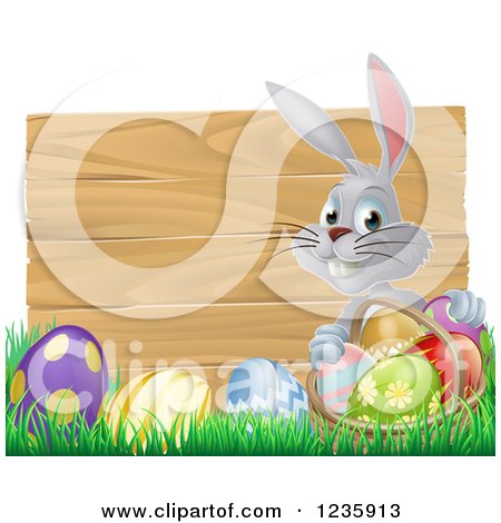 Clipart of a Gray Bunny by a Wood Sign with a Basket, Grass and Easter Eggs - Royalty Free Vector Illustration by AtStockIllustration