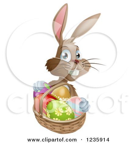 Clipart of a Brown Bunny with Easter Eggs and a Basket - Royalty Free Vector Illustration by AtStockIllustration