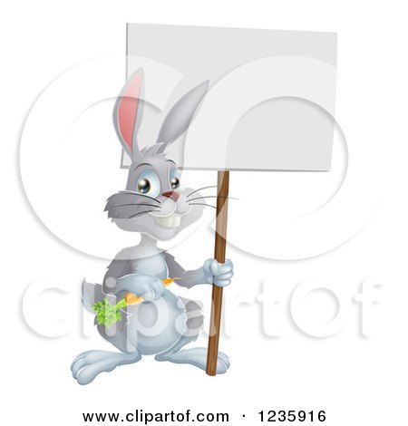 Clipart of a Happy Gray Bunny Rabbit Holding a Carrot and Blank Sign - Royalty Free Vector Illustration by AtStockIllustration