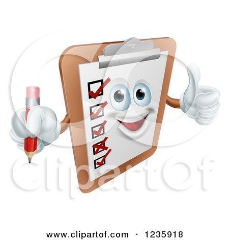 Clipart of a Happy Survey Clipboard Holding a Pencil and Thumb up - Royalty Free Vector Illustration by AtStockIllustration