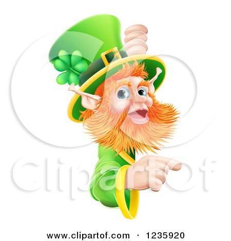 Clipart of a St Patricks Day Leprechaun Looking Around and Pointing to a Sign - Royalty Free Vector Illustration by AtStockIllustration