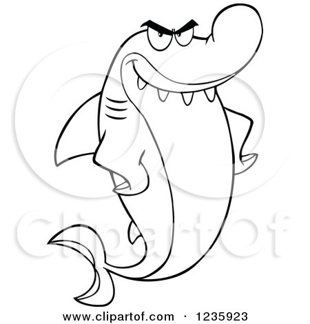 Clipart of a Black and White Mad Shark Character with Fins on His Hips - Royalty Free Vector Illustration by Hit Toon