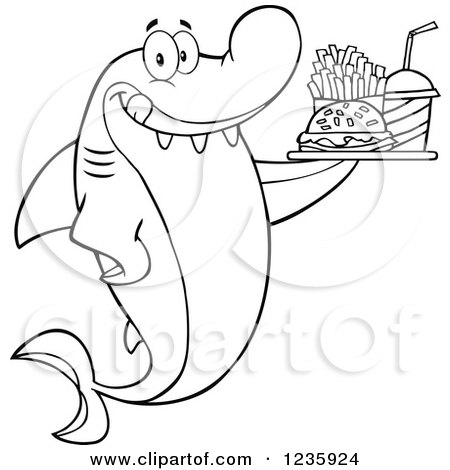 Clipart of a Black and White Hungry Shark Character with a Tray of Fast Food - Royalty Free Vector Illustration by Hit Toon