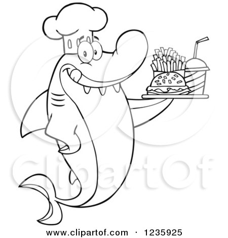 Clipart of a Black and White Shark Chef Character Serving Fast Food - Royalty Free Vector Illustration by Hit Toon