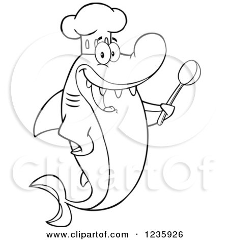 Clipart of a Black and White Shark Chef Character Holding a Spoon - Royalty Free Vector Illustration by Hit Toon
