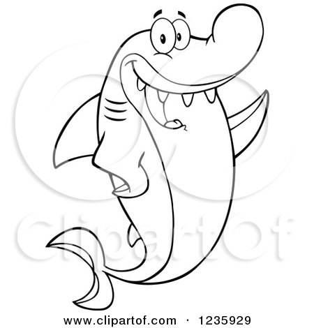 Clipart of a Black and White Shark Character Waving - Royalty Free Vector Illustration by Hit Toon