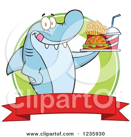 Clipart of a Hungry Shark Character with a Tray of Fast Food over a Banner - Royalty Free Vector Illustration by Hit Toon