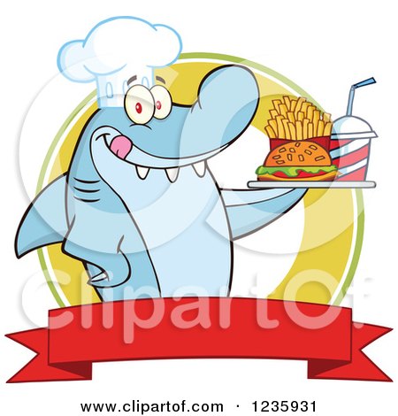 Clipart of a Shark Chef Character Serving Fast Food over a Banner - Royalty Free Vector Illustration by Hit Toon