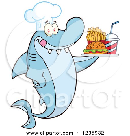 Clipart of a Shark Chef Character Serving Fast Food - Royalty Free Vector Illustration by Hit Toon