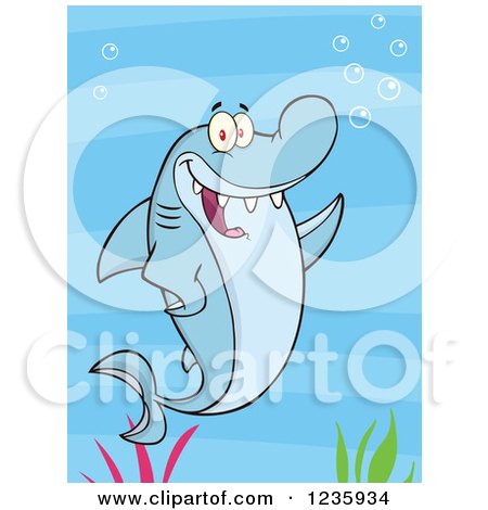 Clipart of a Shark Character Waving over Seaweed - Royalty Free Vector Illustration by Hit Toon