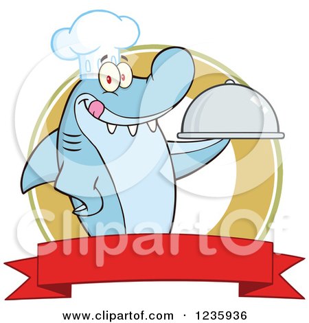 Clipart of a Shark Chef Character Holding a Platter over a Banner - Royalty Free Vector Illustration by Hit Toon