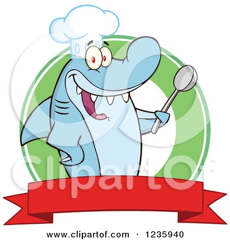Clipart of a Shark Chef Character Holding a Spoon over a Banner - Royalty Free Vector Illustration by Hit Toon