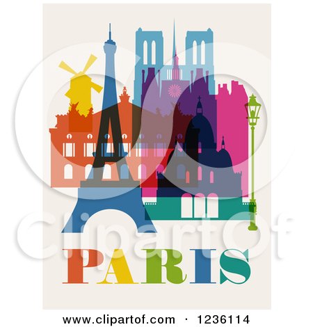 Clipart of Colorful Buildings and Landmarks of Paris on Beige - Royalty Free Vector Illustration by Eugene