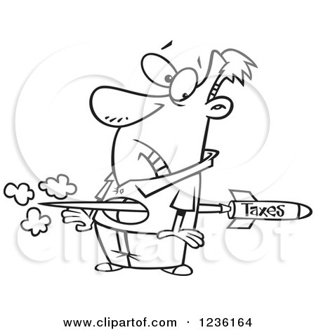 Clipart of a Black and White Tax Rocket Shooting Through a Man's Torso - Royalty Free Vector Illustration by toonaday