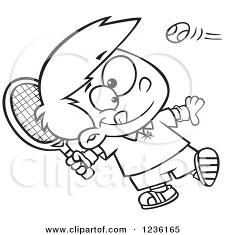 Clipart of a Black and White Boy Swinging a Tennis Racket - Royalty Free Vector Illustration by toonaday