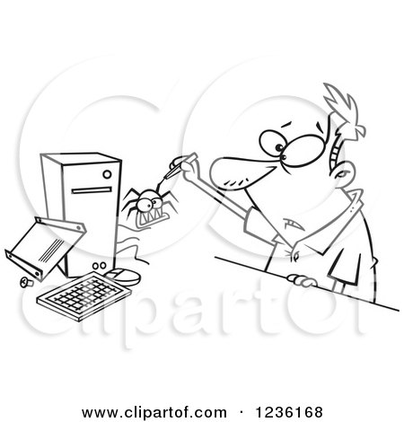 Clipart of a Black and White Man Removing a Bug from His Computer - Royalty Free Vector Illustration by toonaday