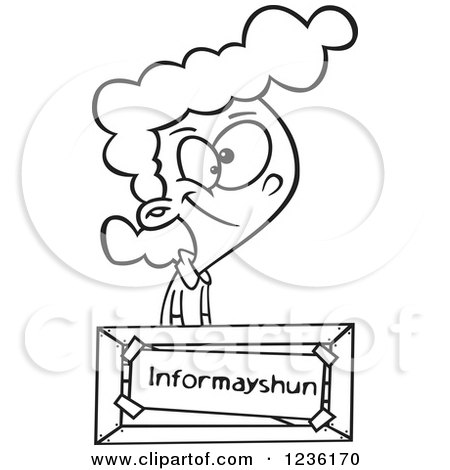 Clipart of a Black and White Girl at an Information Desk, with a Mis-spelled Sign - Royalty Free Vector Illustration by toonaday