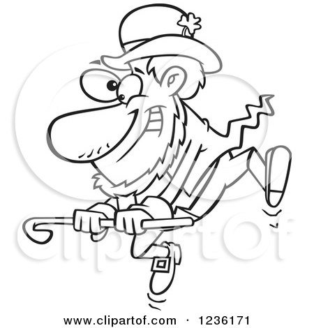 Clipart of a Black and White St Patricks Day Leprechaun Dancing with a Cane - Royalty Free Vector Illustration by toonaday