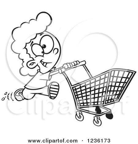 Clipart of a Black and White Fast Girl Running with a Shopping Cart - Royalty Free Vector Illustration by toonaday
