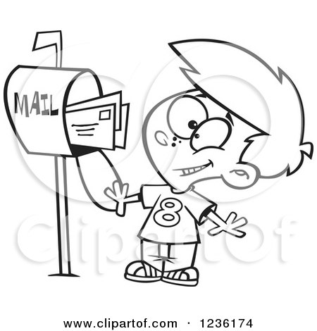 Clipart of a Black and White Happy Boy Mailing Letters - Royalty Free Vector Illustration by toonaday