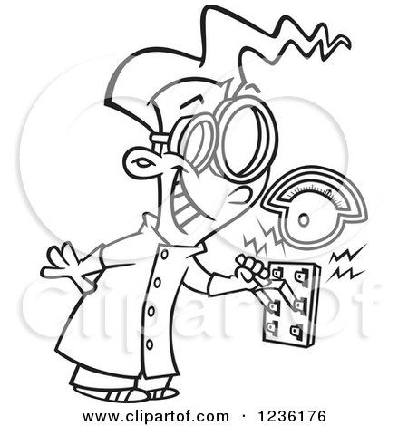 Clipart of a Black and White Mad Scientist Boy Pulling an Electric Switch - Royalty Free Vector Illustration by toonaday