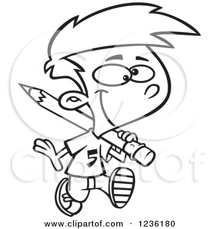 Clipart of a Black and White School Boy Hauling a Giant Pencil on His Shoulder - Royalty Free Vector Illustration by toonaday