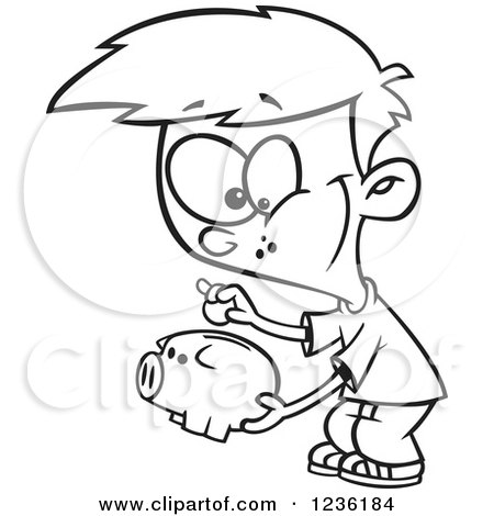 Clipart of a Black and White Boy Putting a Coin in His Piggy Bank - Royalty Free Vector Illustration by toonaday