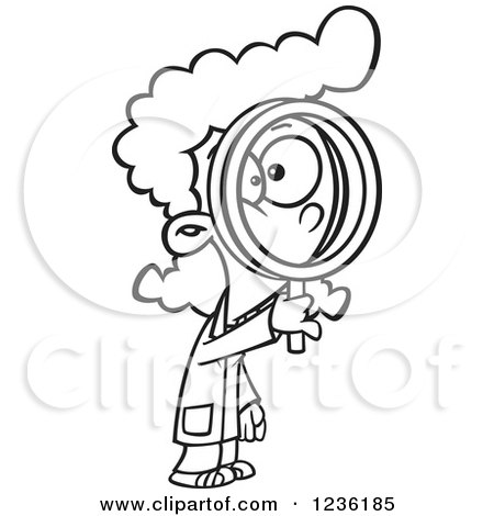 Clipart of a Black and White Scientist Girl Looking Through a Magnifying Glass - Royalty Free Vector Illustration by toonaday
