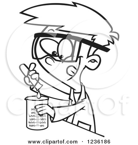 Clipart of a Black and White Scientist Boy Mixing Chemicals - Royalty Free Vector Illustration by toonaday