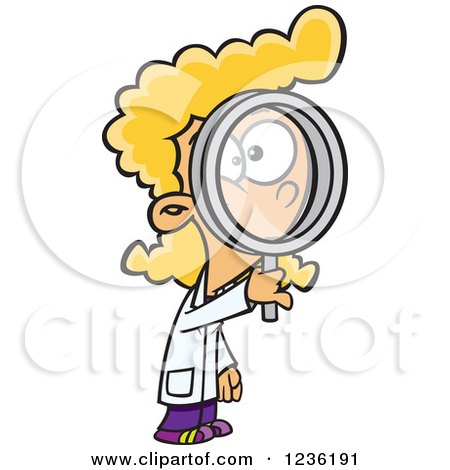 Clipart of a Blond Scientist Girl Looking Through a Magnifying Glass - Royalty Free Vector Illustration by toonaday