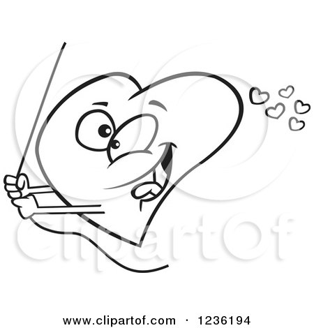 Clipart of a Black and White Valentine Heart Swinging on a Rope - Royalty Free Vector Illustration by toonaday