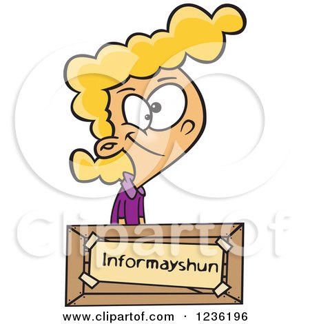 Clipart of a Blond Girl at an Information Desk, with a Mis-spelled Sign - Royalty Free Vector Illustration by toonaday