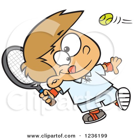 Clipart of a Caucasian Boy Swinging a Tennis Racket - Royalty Free Vector Illustration by toonaday