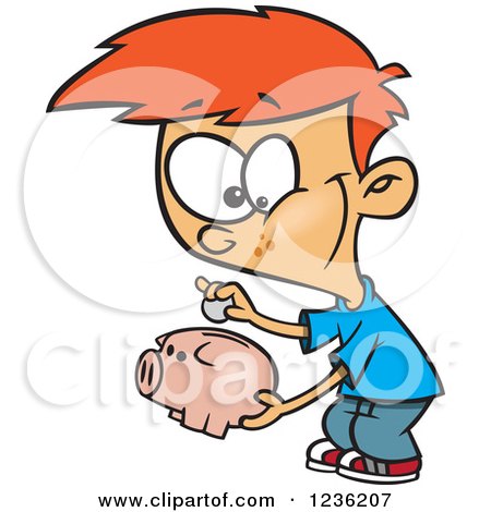 Clipart of a Red Haired Boy Putting a Coin in His Piggy Bank - Royalty Free Vector Illustration by toonaday
