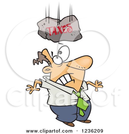 Clipart of a Taxes Boulder Falling on a Caucasian Businessman - Royalty Free Vector Illustration by toonaday