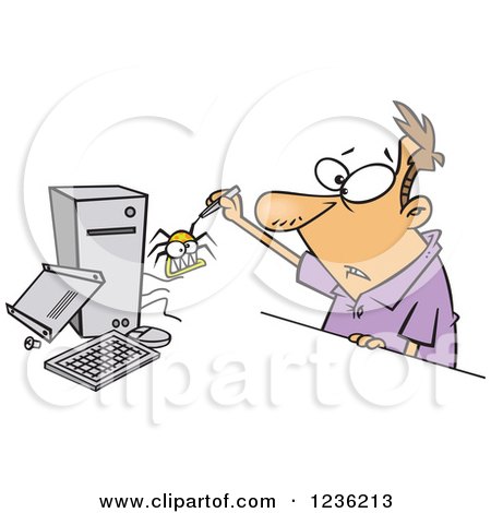 Clipart of a Caucasian Man Removing a Bug from His Computer - Royalty Free Vector Illustration by toonaday
