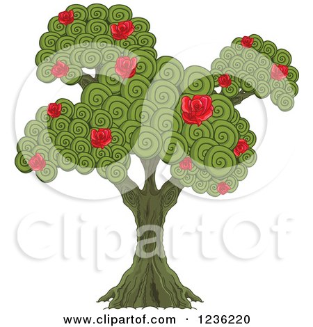 Clipart of a Lush Swirl Tree with Red Roses - Royalty Free Vector Illustration by Pushkin