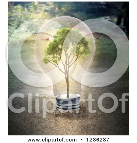 Clipart of a 3d Tree in a Light Bulb over Dirt - Royalty Free CGI Illustration by Mopic