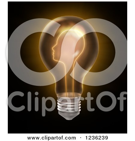 Clipart of a 3d Head Glowing in a Light Bulb - Royalty Free CGI Illustration by Mopic