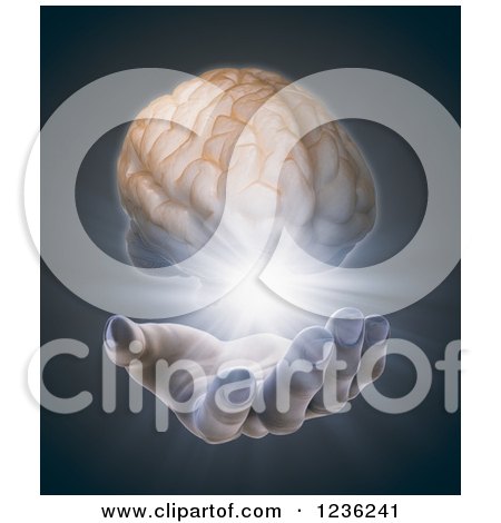 Clipart of a 3d Hand and Floating Brain with Light - Royalty Free CGI Illustration by Mopic