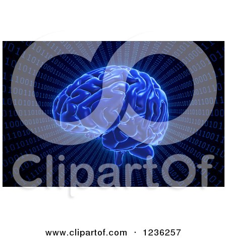 Clipart of a 3d Blue Glowing AI Brain in a Binary Code Tunnel - Royalty Free CGI Illustration by Mopic