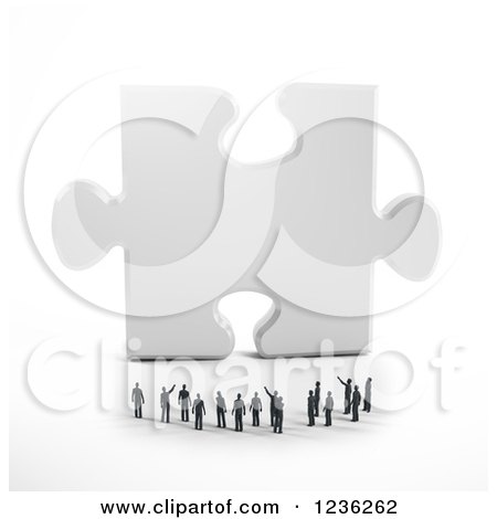 Clipart of a 3d Group of Tiny People Looking at a Giant Puzzle Piece - Royalty Free CGI Illustration by Mopic