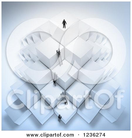 Clipart of a 3d Businessmen Climbing Ladders on Stacked Cubes 3 - Royalty Free CGI Illustration by Mopic