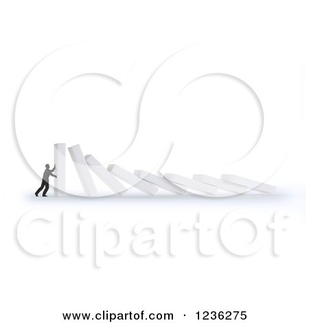Clipart of a 3d Businessman Struggling to Hold up Collapsing Dominos, on White - Royalty Free CGI Illustration by Mopic