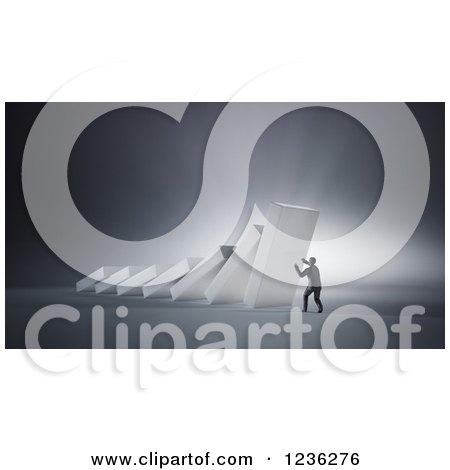 Clipart of a 3d Businessman Struggling to Hold up Collapsing Dominos, with Shining Light - Royalty Free CGI Illustration by Mopic