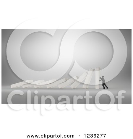 Clipart of a 3d Businessman Struggling to Hold up Collapsing Dominos - Royalty Free CGI Illustration by Mopic