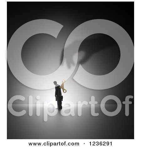 Clipart of a 3d Hand Shadow and Wind up Businessman on a Dark Background - Royalty Free CGI Illustration by Mopic