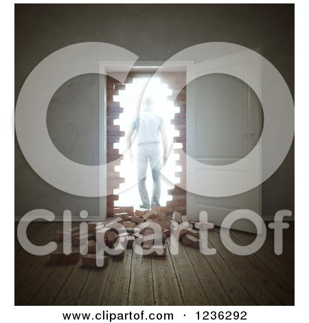 Clipart of a 3d Man Walking Through an Open Door and Broken down Brick Wall - Royalty Free CGI Illustration by Mopic